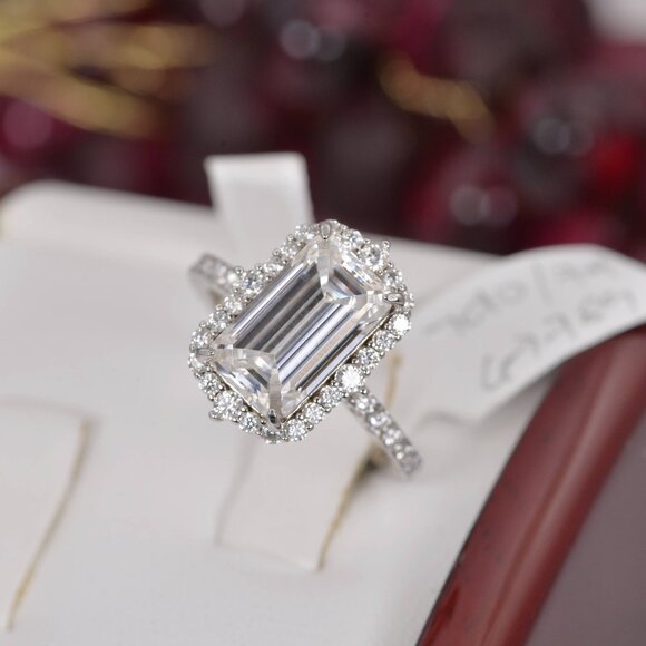 Certified Emerald Cut Moissanite Ring 8.35ct Full Eternity Engagement - Picture 2 of 8